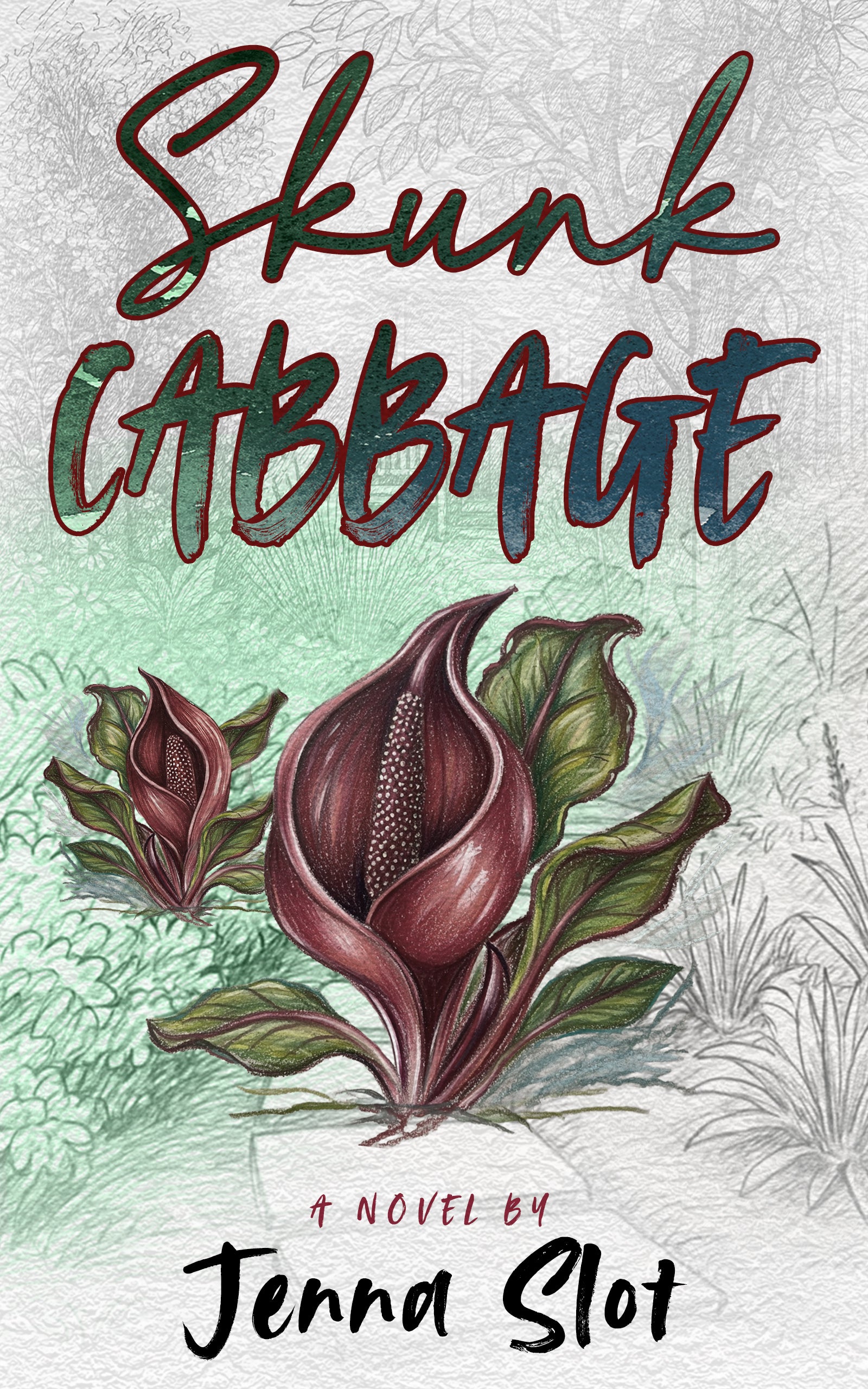 Book cover of 'Skunk Cabbage' by Jenna Slot with a skunk cabbage illustration on a light green background.